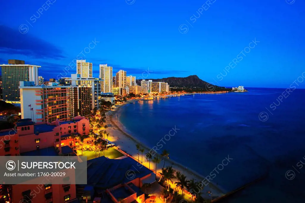 Hawaii, Oahu, Nighttime view of Waikik.