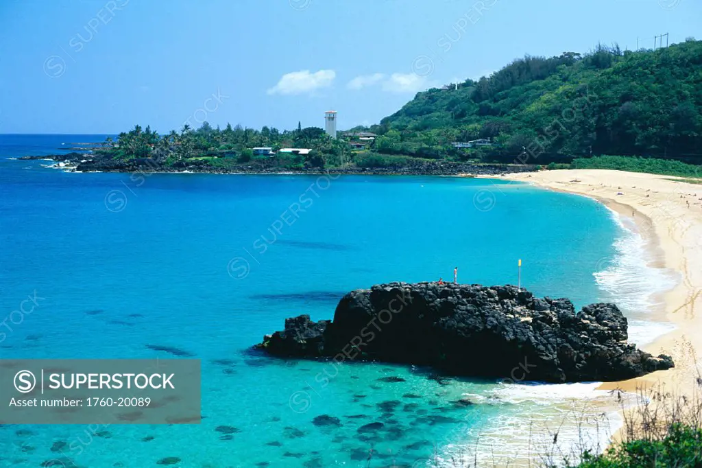 Hawaii, NorthShore Oahu, Waimea Bay flat turquoise water and blue skies
