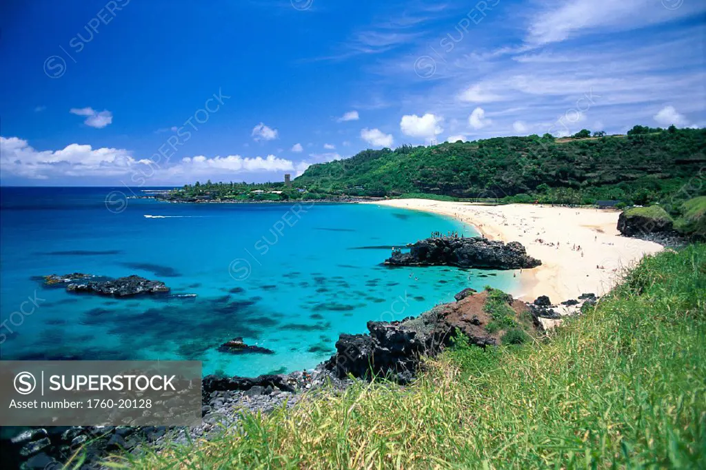 HI, North Shore Oahu, Waimea Bay overview on beautiful calm day, turquoise ocean