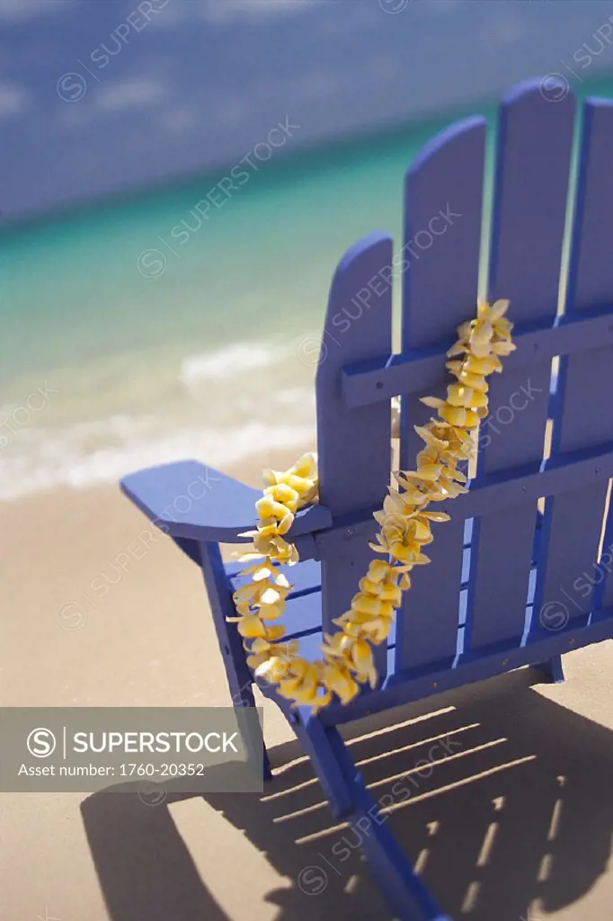 Closeup side of blue beach chair w/ plumeria hanging on side D1612