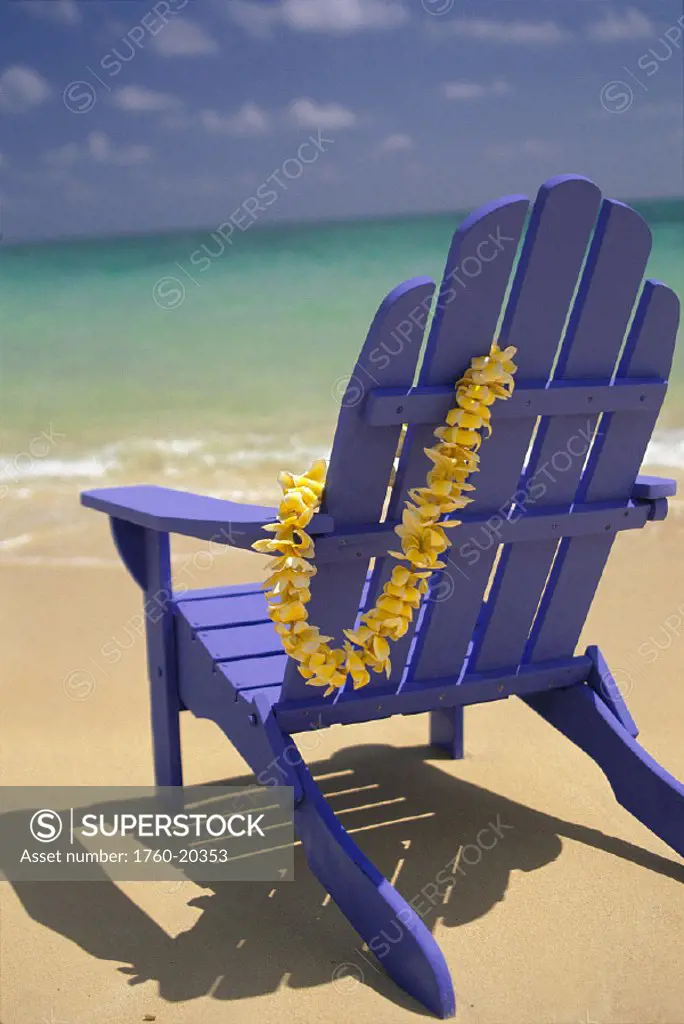 Closeup blue beach chair w/ plumeria hanging on side facing ocean D1677