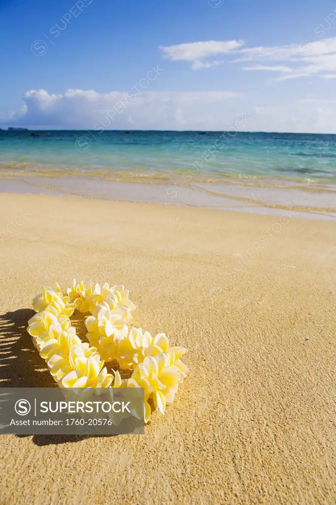 Hawaii, Oahu, Lanikai Beach, turquoise ocean with yellow plumeria lei laying on the sand.