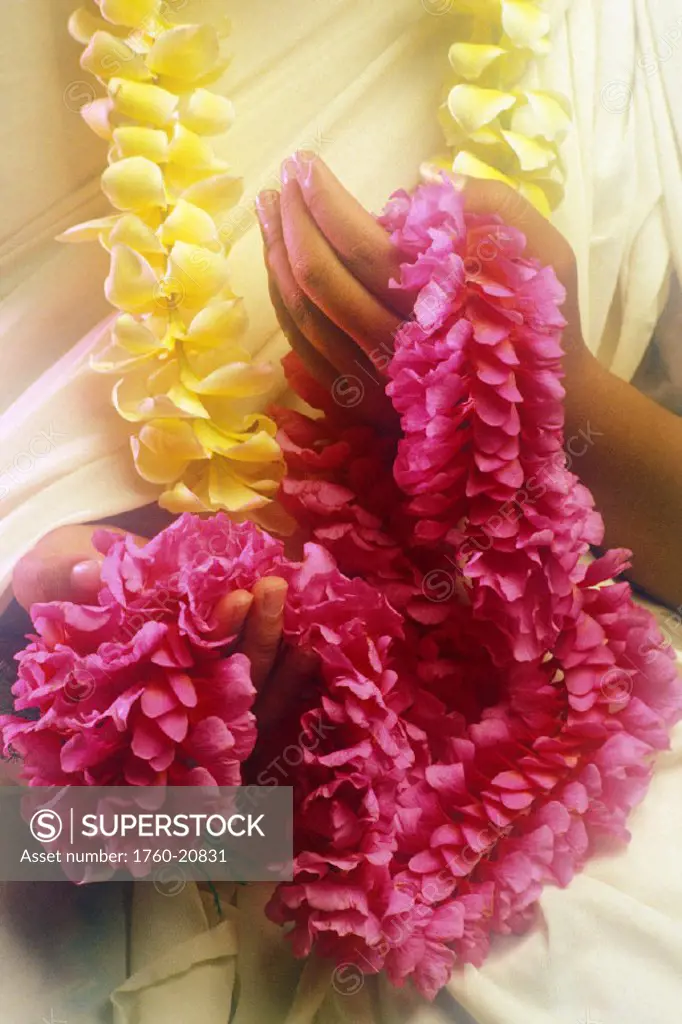 Hawaii, Woman´s hands holding plumeria and orchid leis.