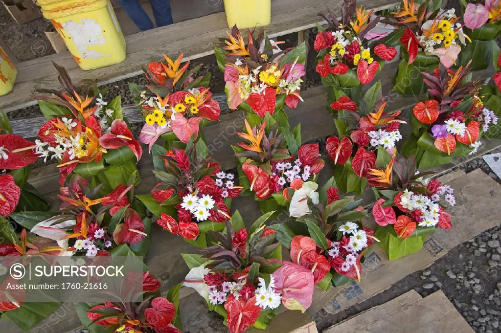 Hawaii, Big Island, Hilo, Tropical flower arrangements in a downtown farmer´s market