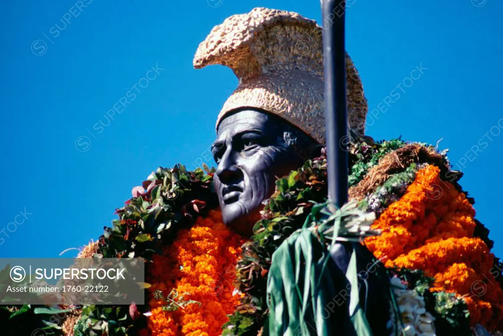 Hawaii, Oahu, Honolulu, King Kamehameha statue draped with leis for Kamehameha Day