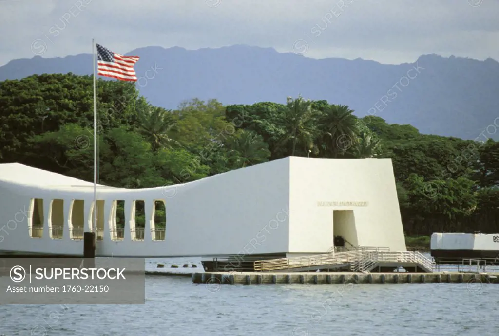 Hawaii, Oahu, Pearl Harbor, Arizona Memorial viewed from the water.