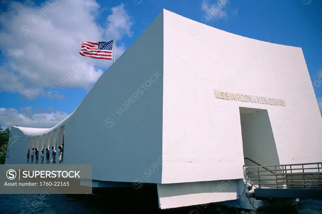 Oahu, Pearl Harbor, Closeup exterior of USS Arizona Memorial, American flag