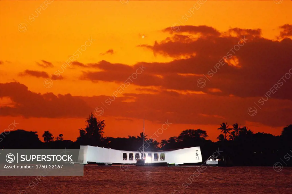 Pearl Harbor and USS Arizona Memorial @ sunset, lit rare view 50th anniversary, C1572 orange sunset skies
