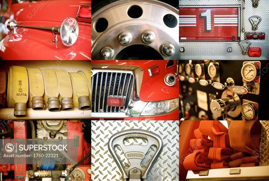 Hawaii, Collage of a red firetruck and all its components.
