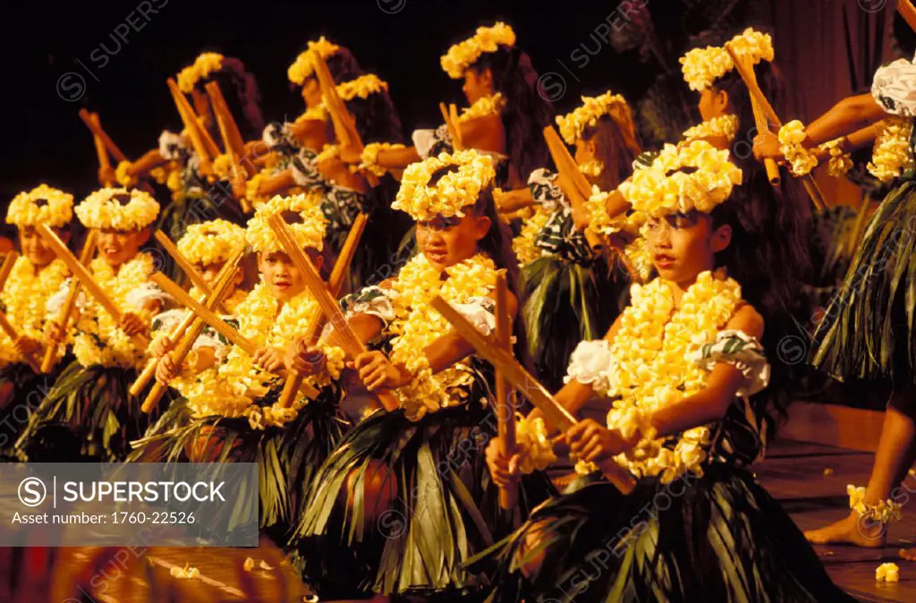 Hawaii, Keiki Hula with bamboo hula implements and plumaria lei´s, dancing