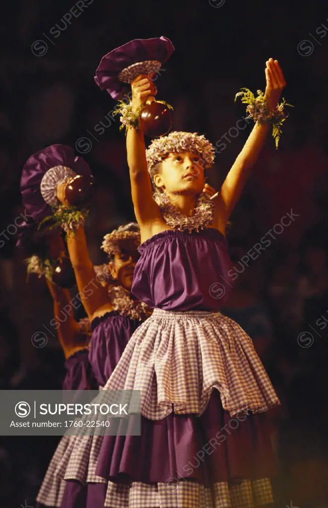 Hawaii, Big Island, Merrie Monarch Festival, keiki hula, young girls, hands raised with uliuli