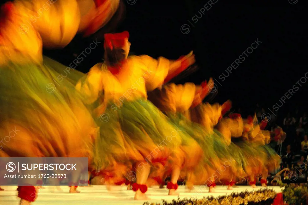 Hawaii, Big Island, Merrie Monarch hula dancers blurred action on stage A36F