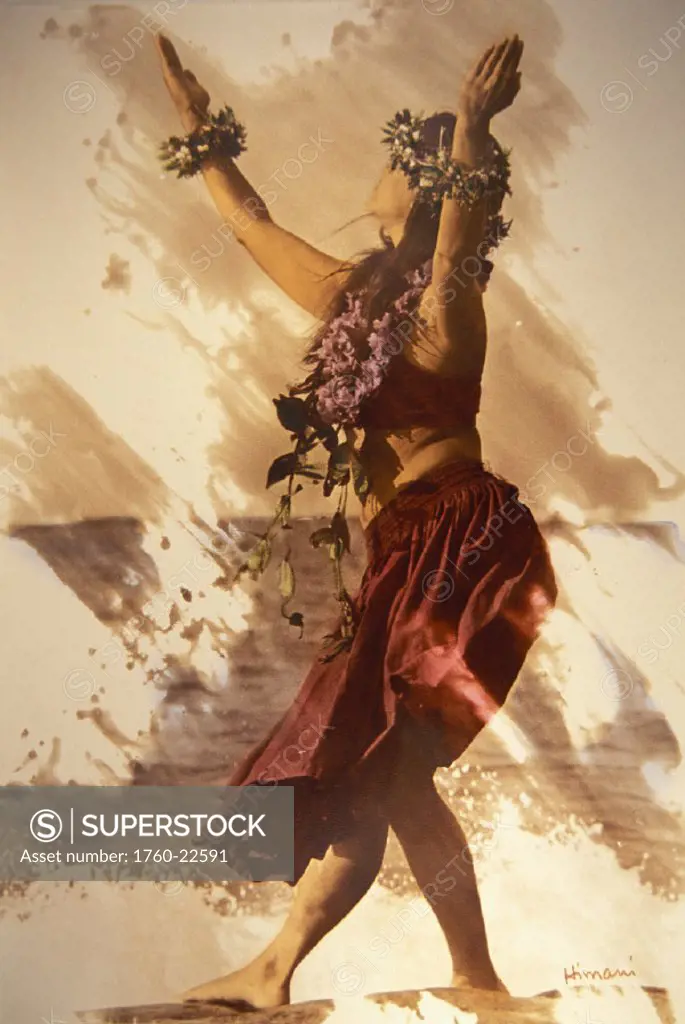 Young woman with leis hula on beach, hand tinted