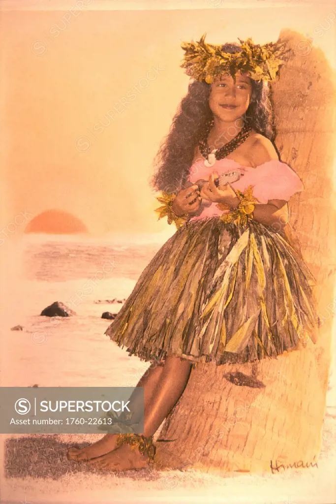 Young girl w/ ukulele in hula skirt and haku leans against palm tree B1420