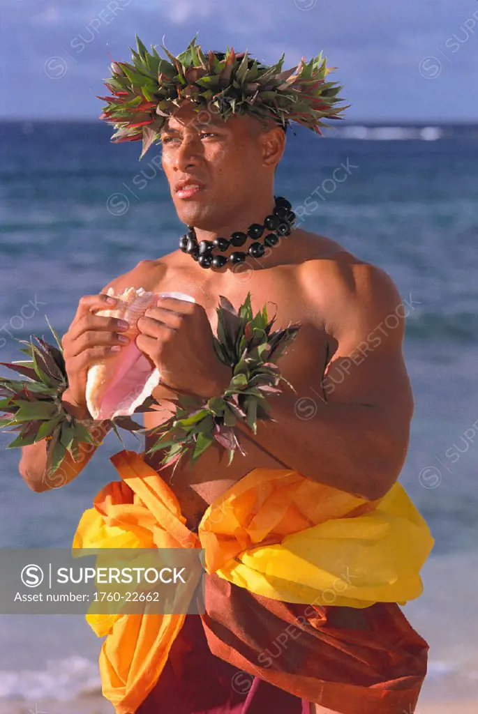 Local male hula dancer, head & wrist leis, holds conch shell, beach background