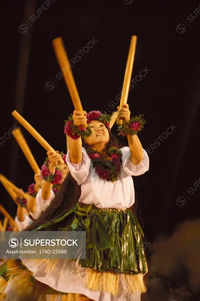 HI, BigIsle, Merrie Monarch Festival, hula kahiko, women with kalaau sticks dancing