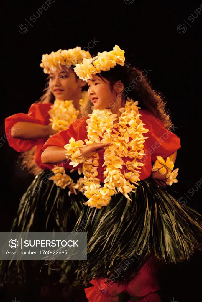 HI Keiki Hula Festival Aloha Dalire Halau, girls with plumeria lei, dancing stage