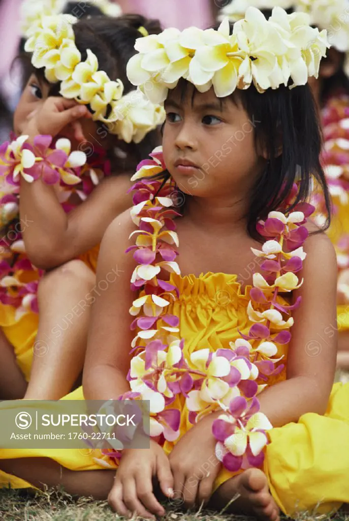 May Day Festival, keiki hula closeup of girls sitting, plumeria leis
