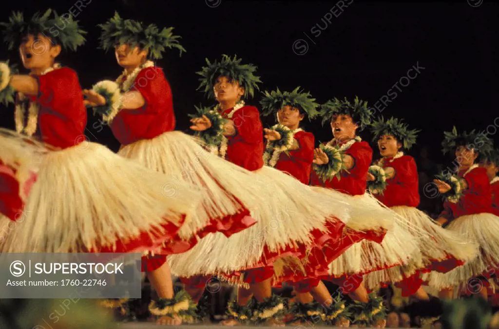 Hawaii, Big Island, Merrie Monarch Hula Festival, local women hula dancing and chanting on stage