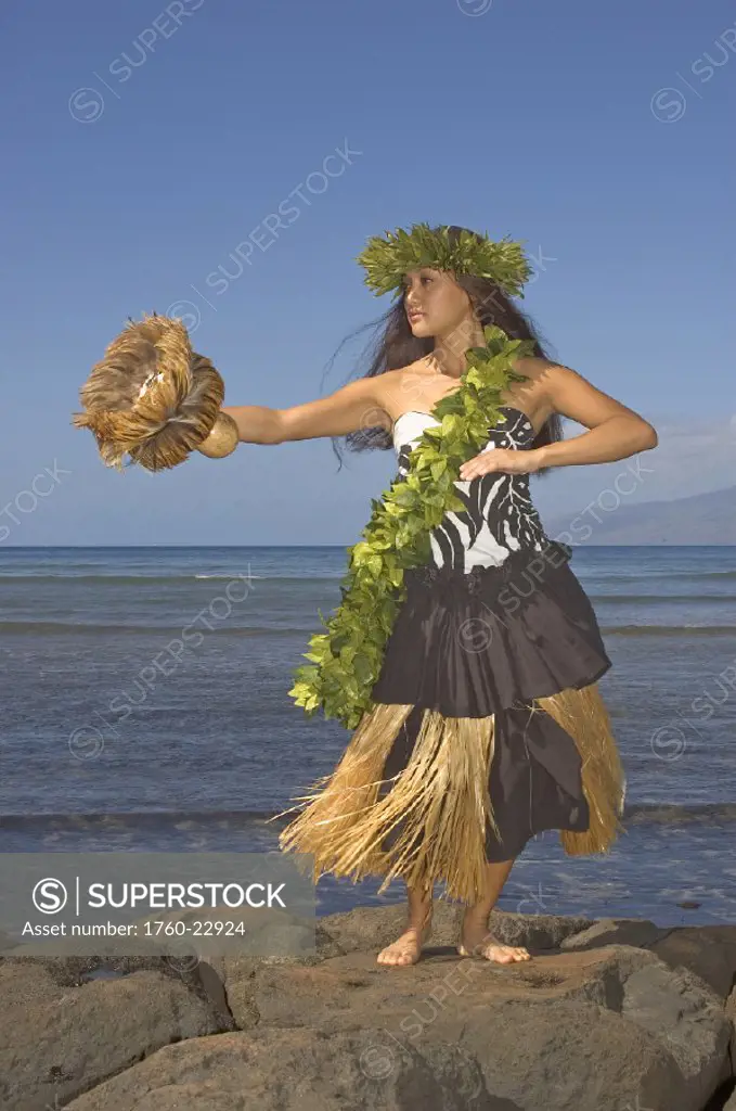 Hula dancer with haku lei in traditional outfit on rocky coast holding uli uli, ocean background