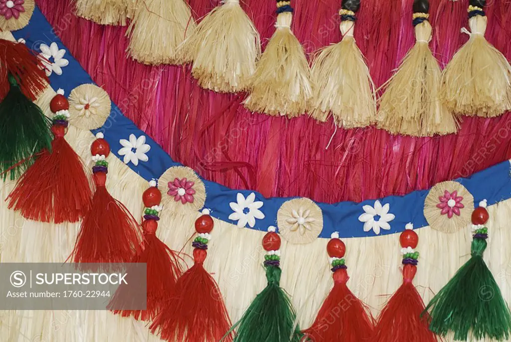 Close-up of traditional Tahitian hula skirts and belts