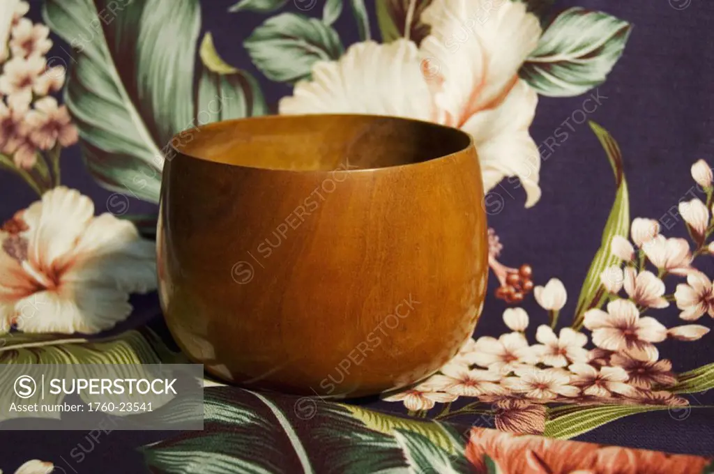 koa bowl (calabash) on Hawaiian print bark cloth