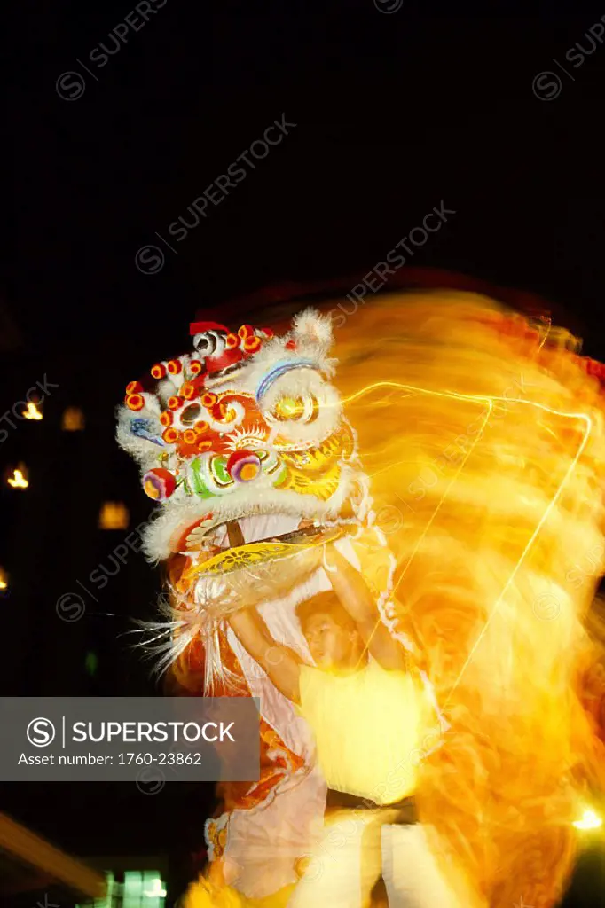 HI, Honolulu, Chinatown, Chinese Dragon Dance, blurred action, night C1858
