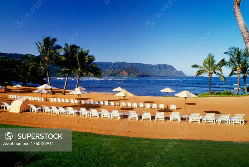 Hawaii, Kauai, Hanalei, Bali Hai, Princeville Hotel beach with lounge chairs and umbrellas