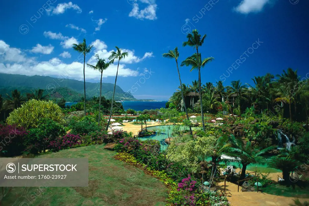 Hawaii, Hanalei Bay Resort, North Shore Kauai Pool, from Bali Hai Restaurant