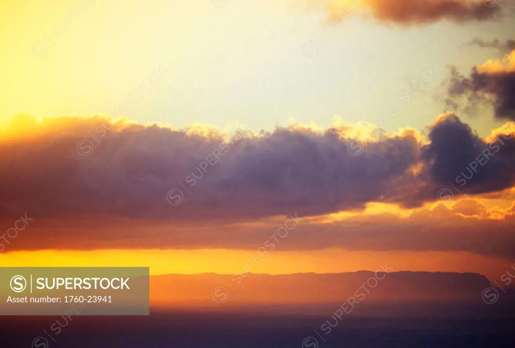 Hawaii, Sunset over Niihau, from Kauai, golden sky