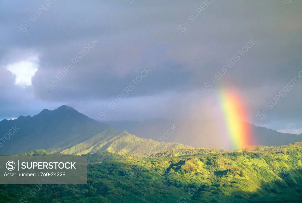 Hawaii, Kauai, end of rainbow lands in Hanalei Valley, large gray clouds