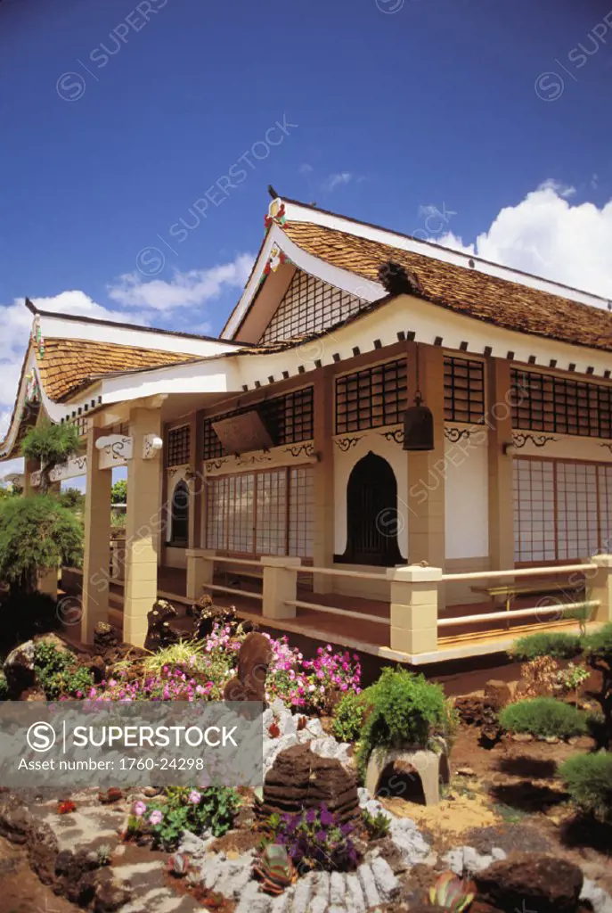 Hawaii, Kauai, Hanapepe, Soto Zen Temple Zensuji exterior with flower garden.