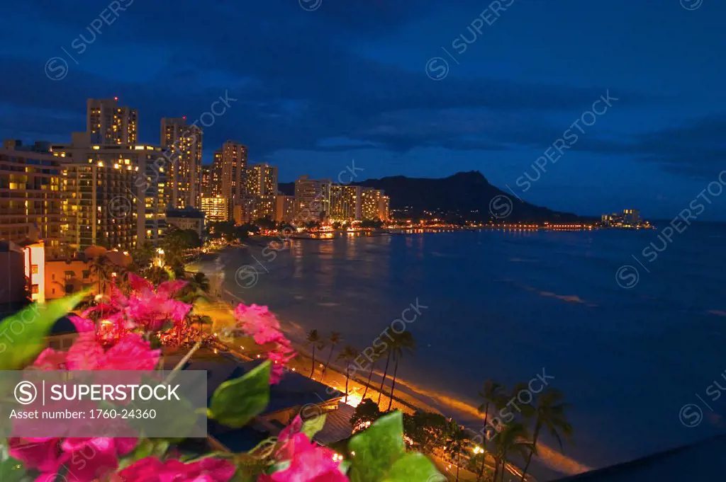 Hawaii, Oahu, Nighttime view at Waikiki, For use up to 13x20 only
