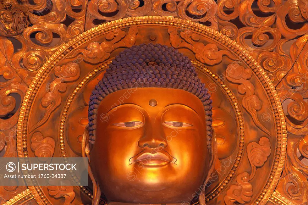 Hawaii, Oahu, Byodo-In Valley of the Temples, Closeup of Buddha head