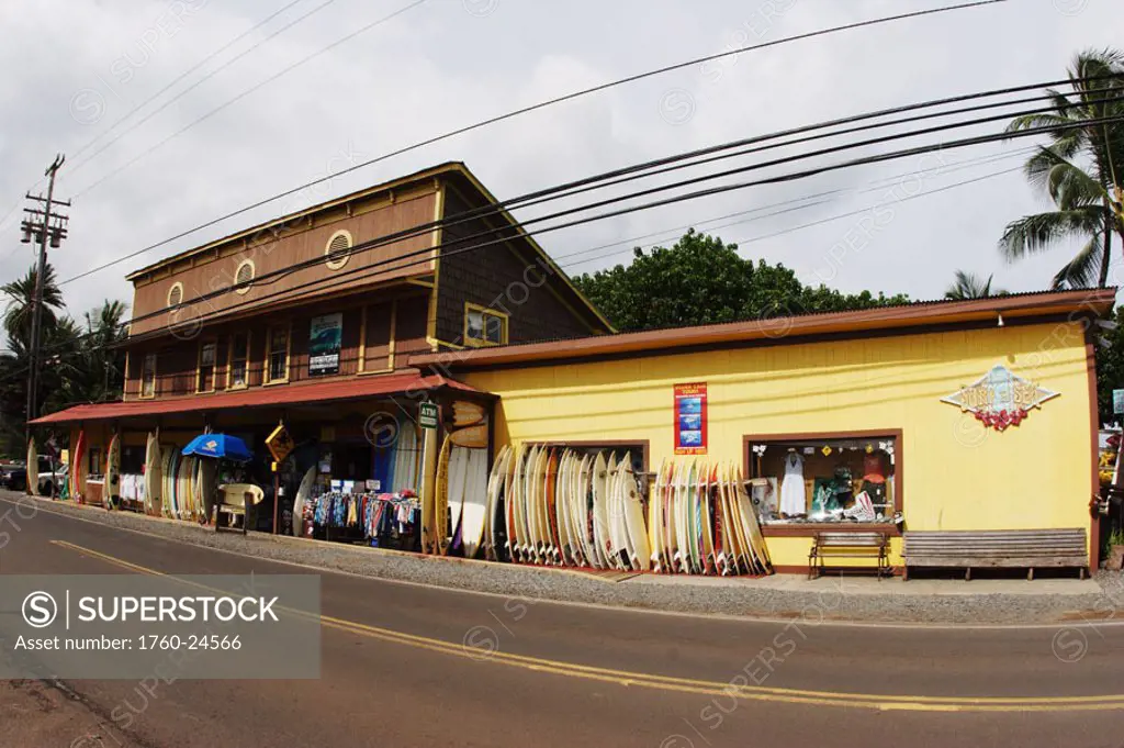 Hawaii, Oahu, North Shore, Haleiwa, Outside of store, Surf & Sea, Surfboards lined up along building