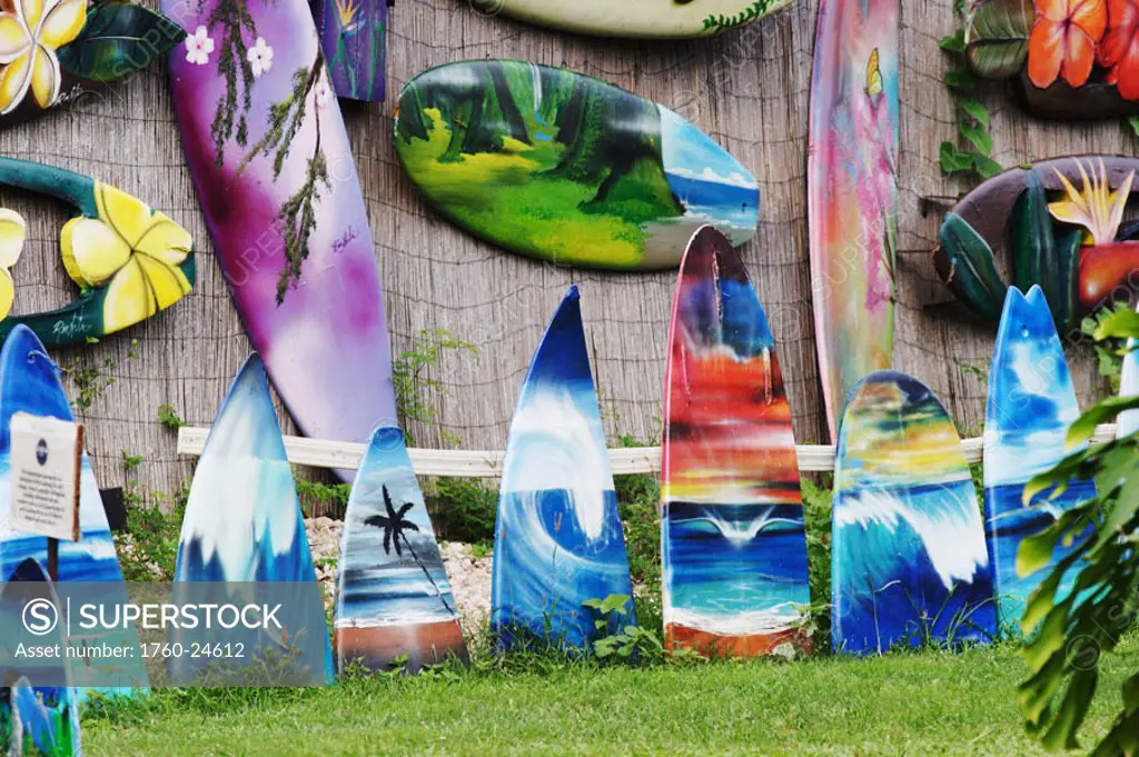 Hawaii, Oahu, North Shore, Haleiwa, Elaborately painted surfboards by Ron Artis.