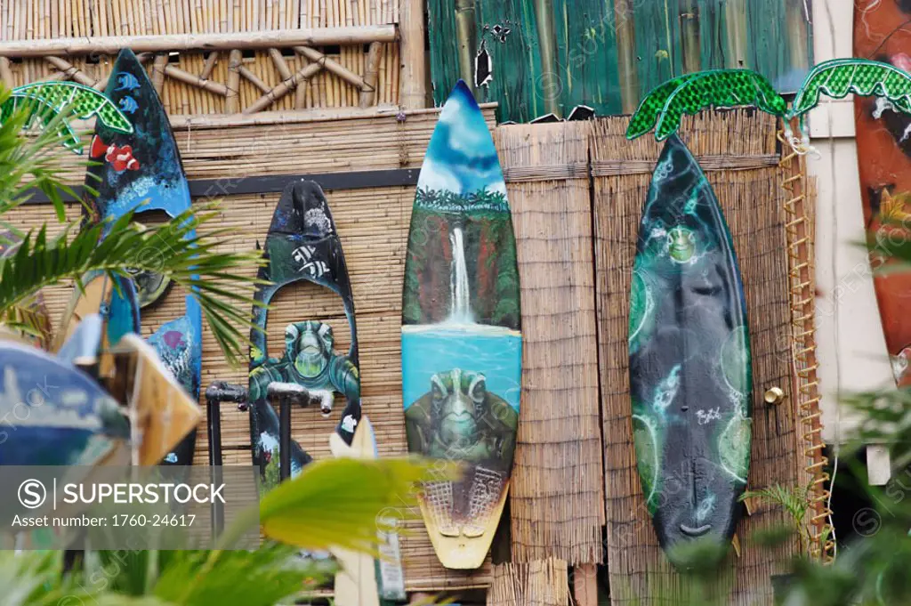 Hawaii, Oahu, North Shore, Haleiwa, Elaborately painted surfboards by Ron Artis.