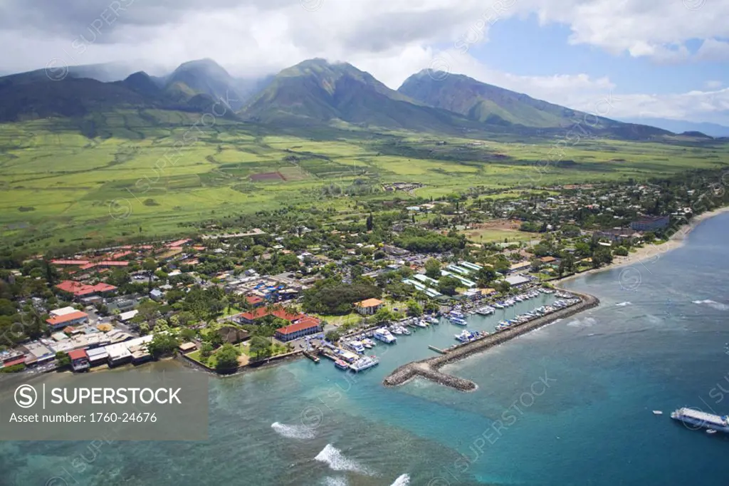 Hawaii, Maui, Aerial of Lahaina, West Maui Mountains in background.