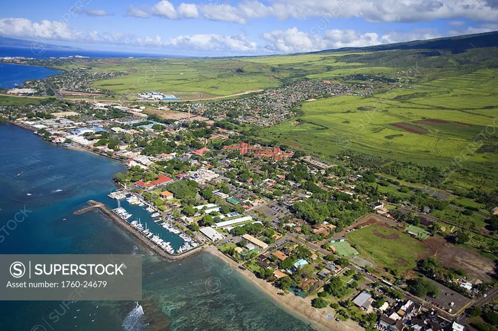 Hawaii, Maui, Lahaina, aerial view of harbor and town