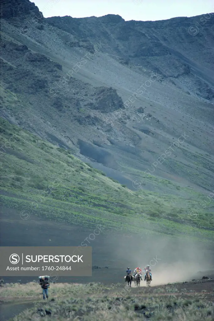 Maui, Haleakala Nat´l Park, Horseback riders in distance and hiker along crater floor