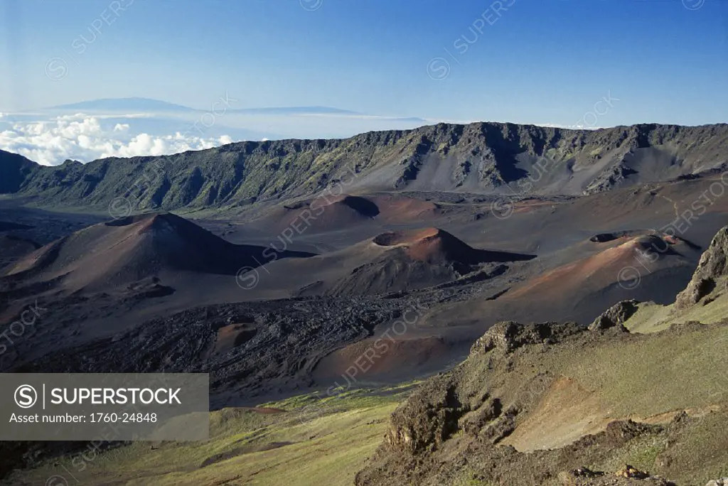 Hawaii, Maui, overview of Haleakala Crater, trails red dirt, blue sky