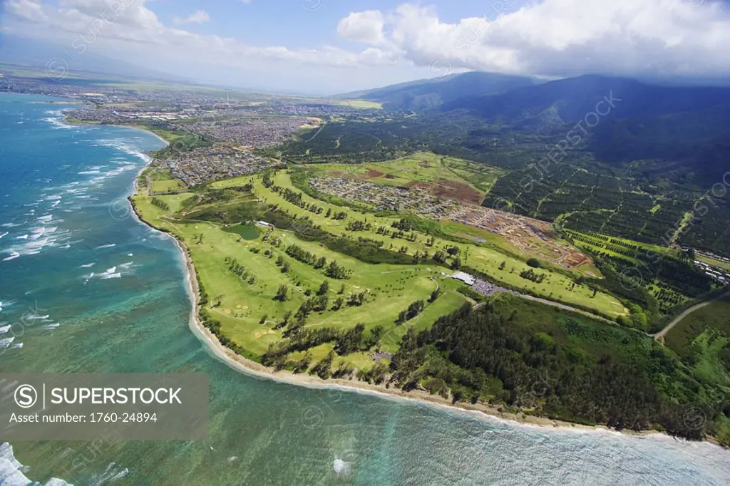 Hawaii, Maui, Waiehu Municipal Golf Course, aerial view.