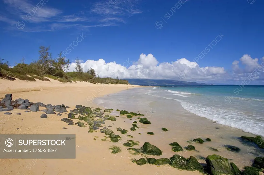 Hawaii, Maui, Spreckelsville, sandy beach with mossy rocks, gorgeous blue ocean and cloudy sky