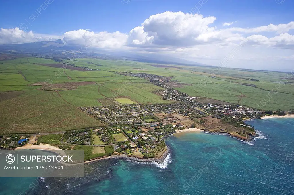 Hawaii, Maui, Paia, aerial view of town along the North coast