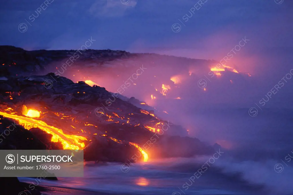 BigIsle, Kilauea, Lava flow into ocean @ twilight, smoke orange glow C1623
