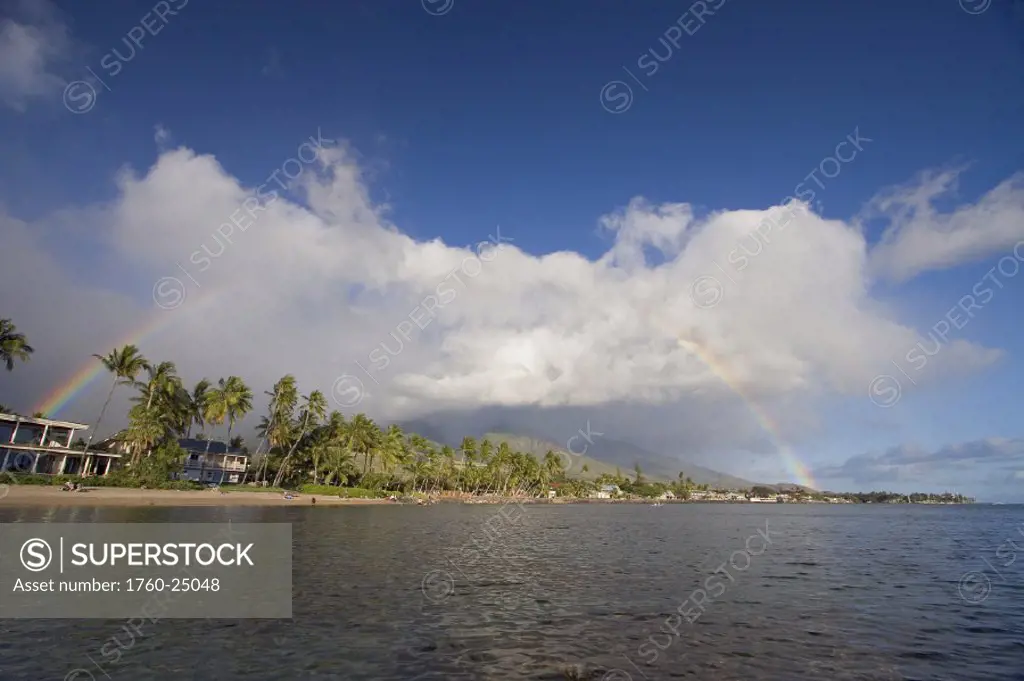 Hawaii, Maui, Keiki Beach, Lahaina, West Maui mountains, Rainbow overhead.