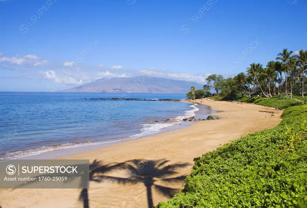 Hawaii, Maui, Wailea, Beautiful Ulua Beach, two palm tree shadows.