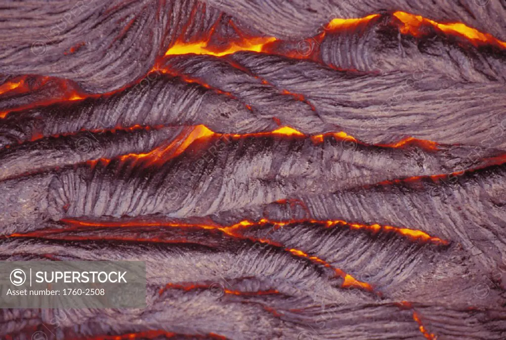 Hawaii, Big Island, Hawaii Volcanoes National Park, Pahoehoe lava, extreme close-up, layered texture glowing in between