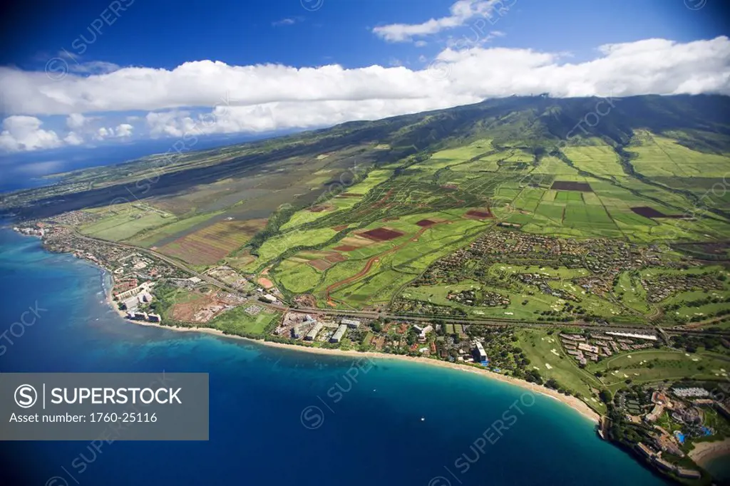 Hawaii, Maui, aerial of North Beaches and Kaanapali Resort area