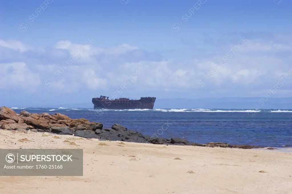 Hawaii, Lanai, Kaiolohia Beach, World War II Liberty Ship on the reef off Shipwreck Beach.